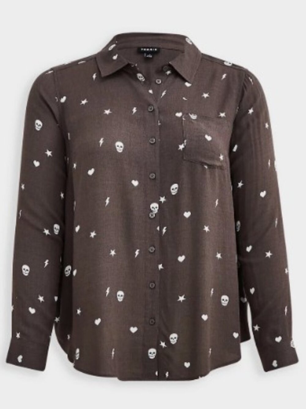 Torrid Lizzie Rayon Crepe Button Up Long Sleeve Skull Heart Grey